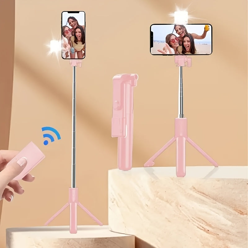 Sturdy and anti-shake selfie stick tripod, height adjustable, with fill light for beauty photography, mobile phone holder with wireless remote control - made of ABS material, small and portable