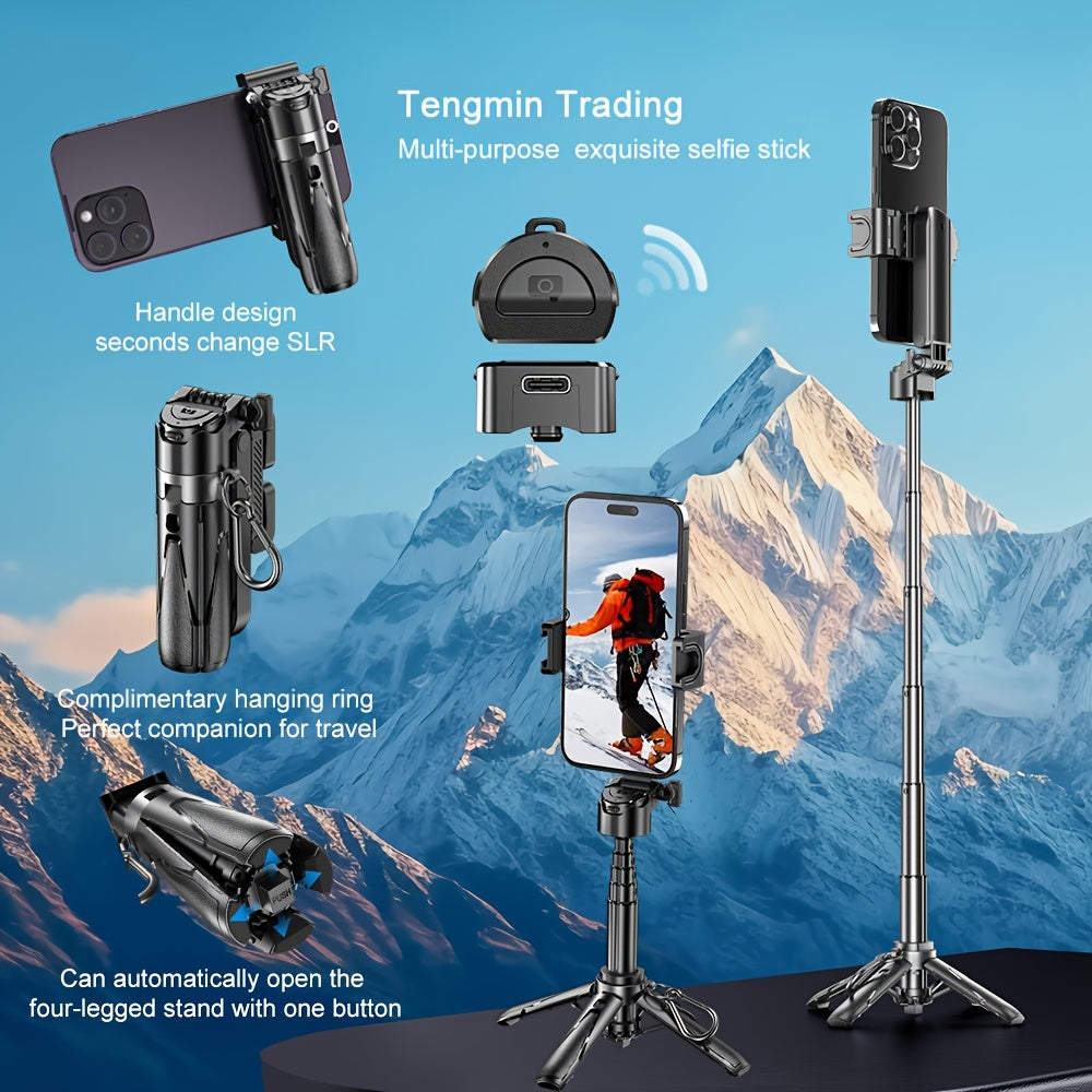 Aluminum Selfie Stick with Wireless Remote, USB Charging & Cold Shoe – 4-Leg Stand, DSLR Grip for Travel/Live