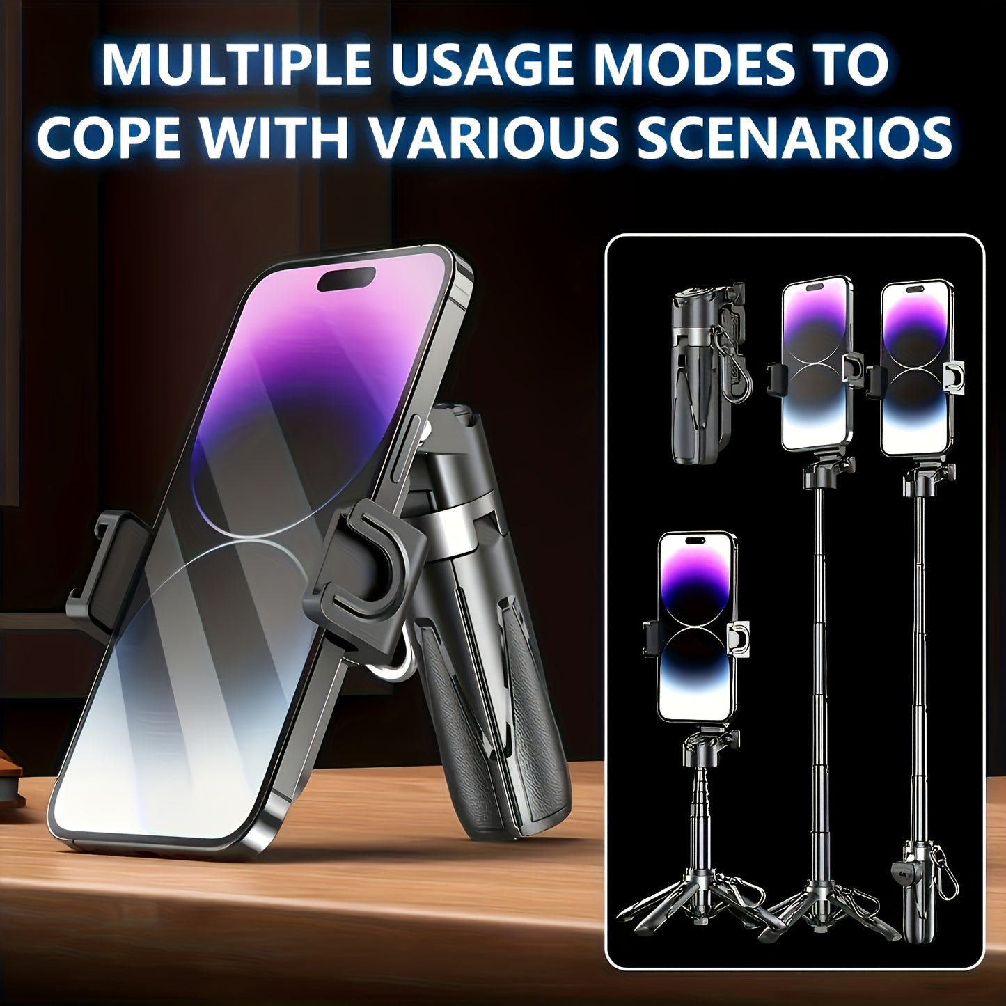 "Multi-Function Selfie Stick with Wireless Remote, Retractable Pole & Kickstand - USB Rechargeable