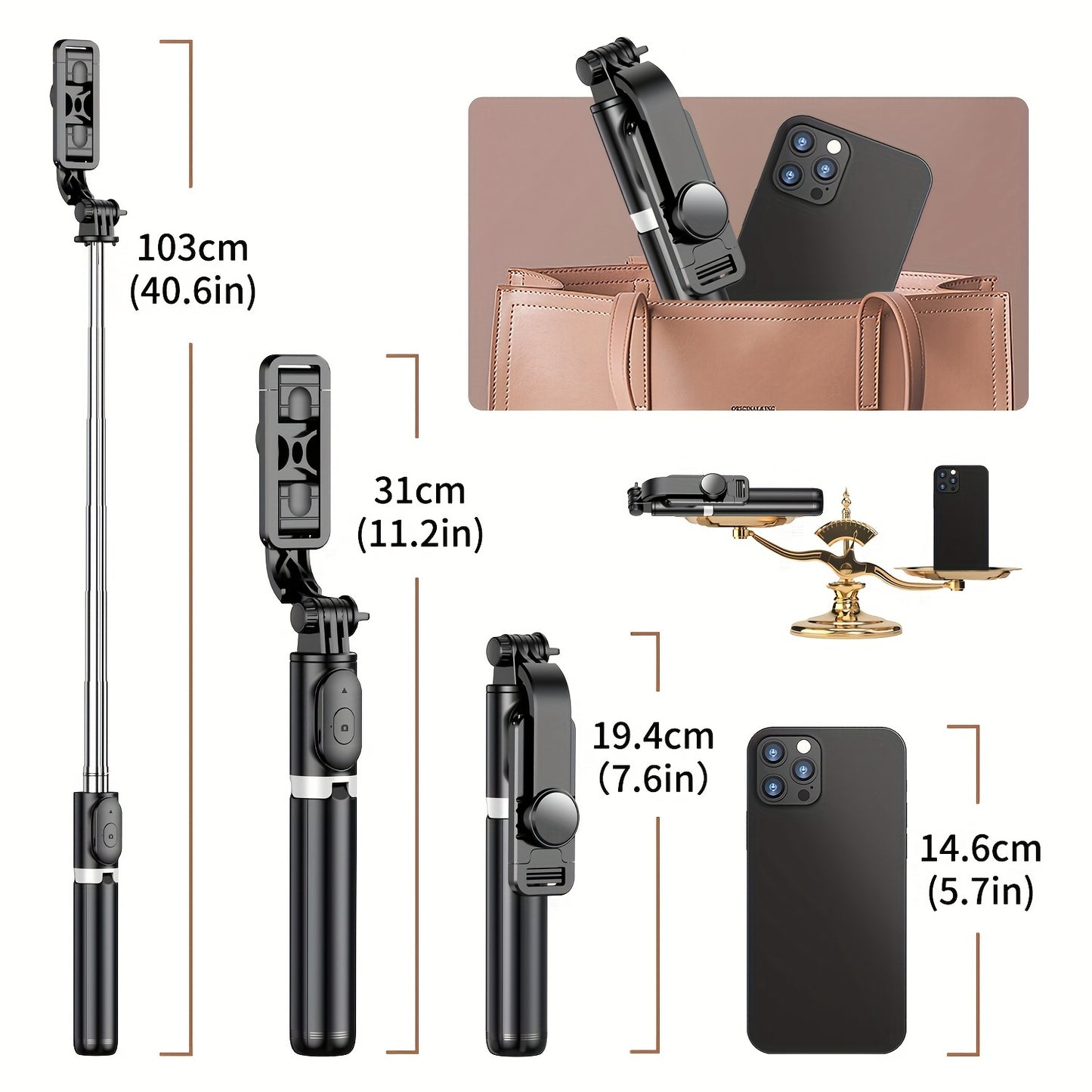 40" Extendable Smartphone Tripod Stand - 360° Rotation Cell Phone Selfie Stick with Wireless Remote for iPhone/Samsung/Android