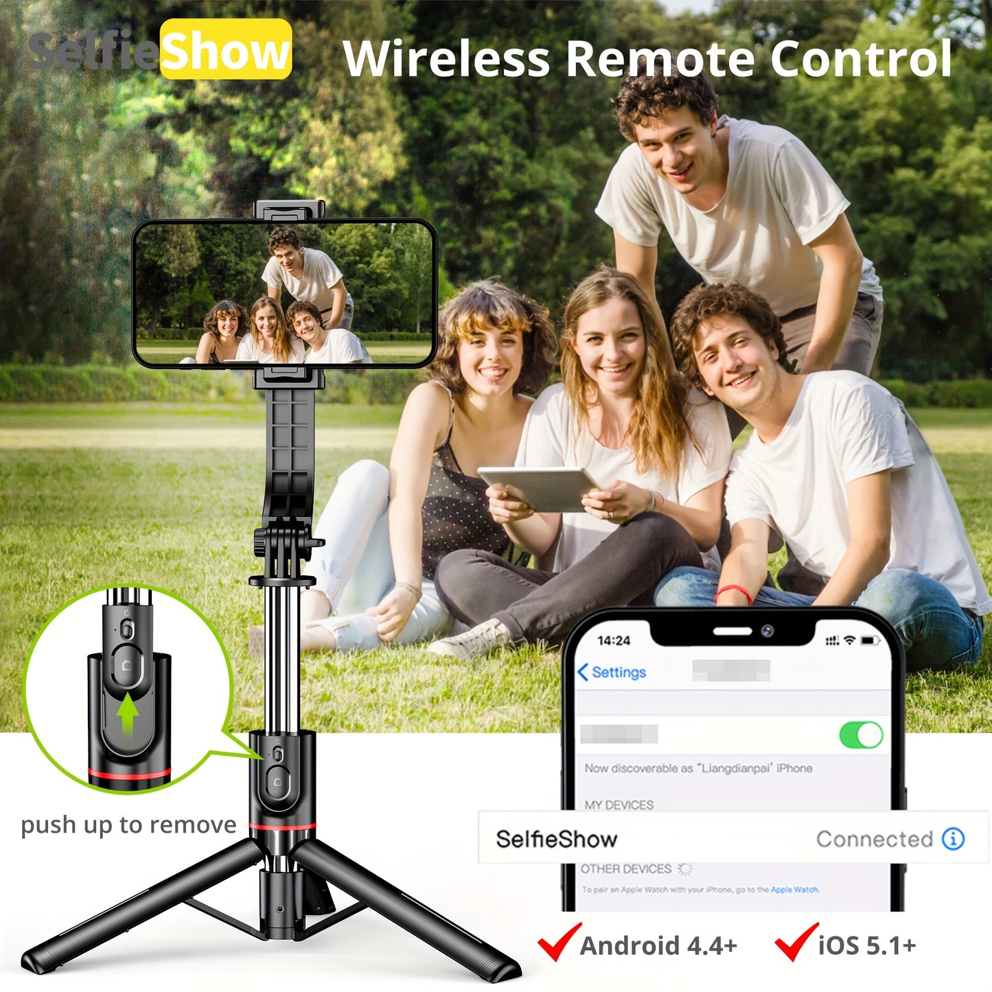 44'' Extendable Selfie Stick Tripod w/ Wireless Remote & 360° Rotation for Android/Samsung