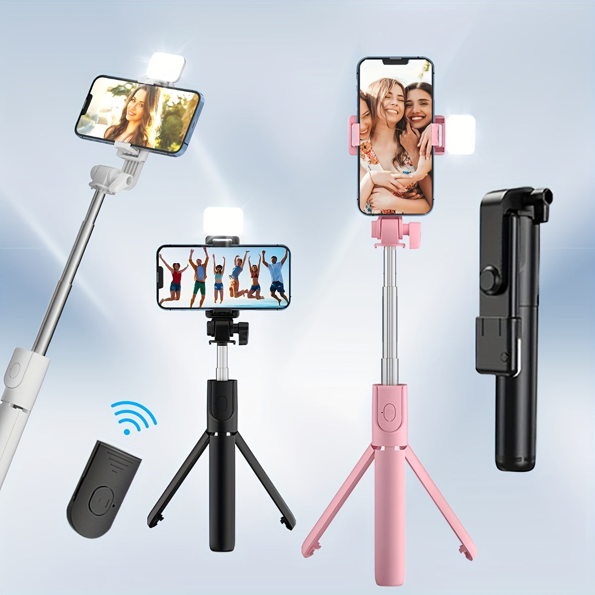 Selfie Stick with Wireless Remote Control Fill Light - Retractable 360° Rotating Tripod