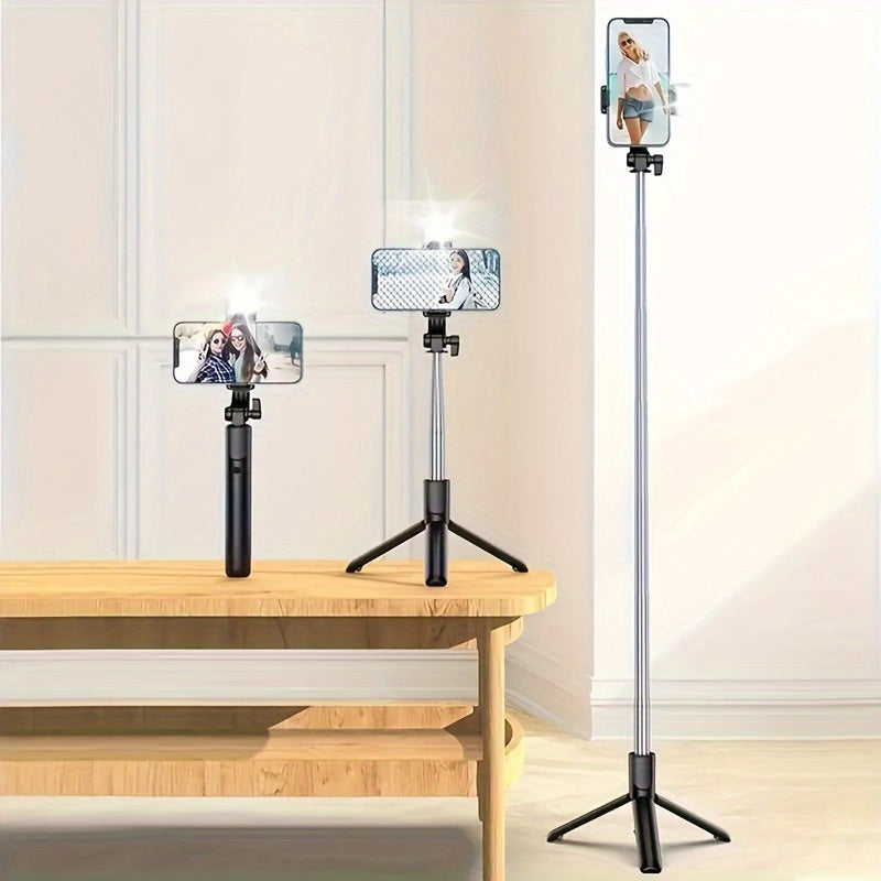 Sturdy and anti-shake selfie stick tripod, height adjustable, with fill light for beauty photography, mobile phone holder with wireless remote control - made of ABS material, small and portable