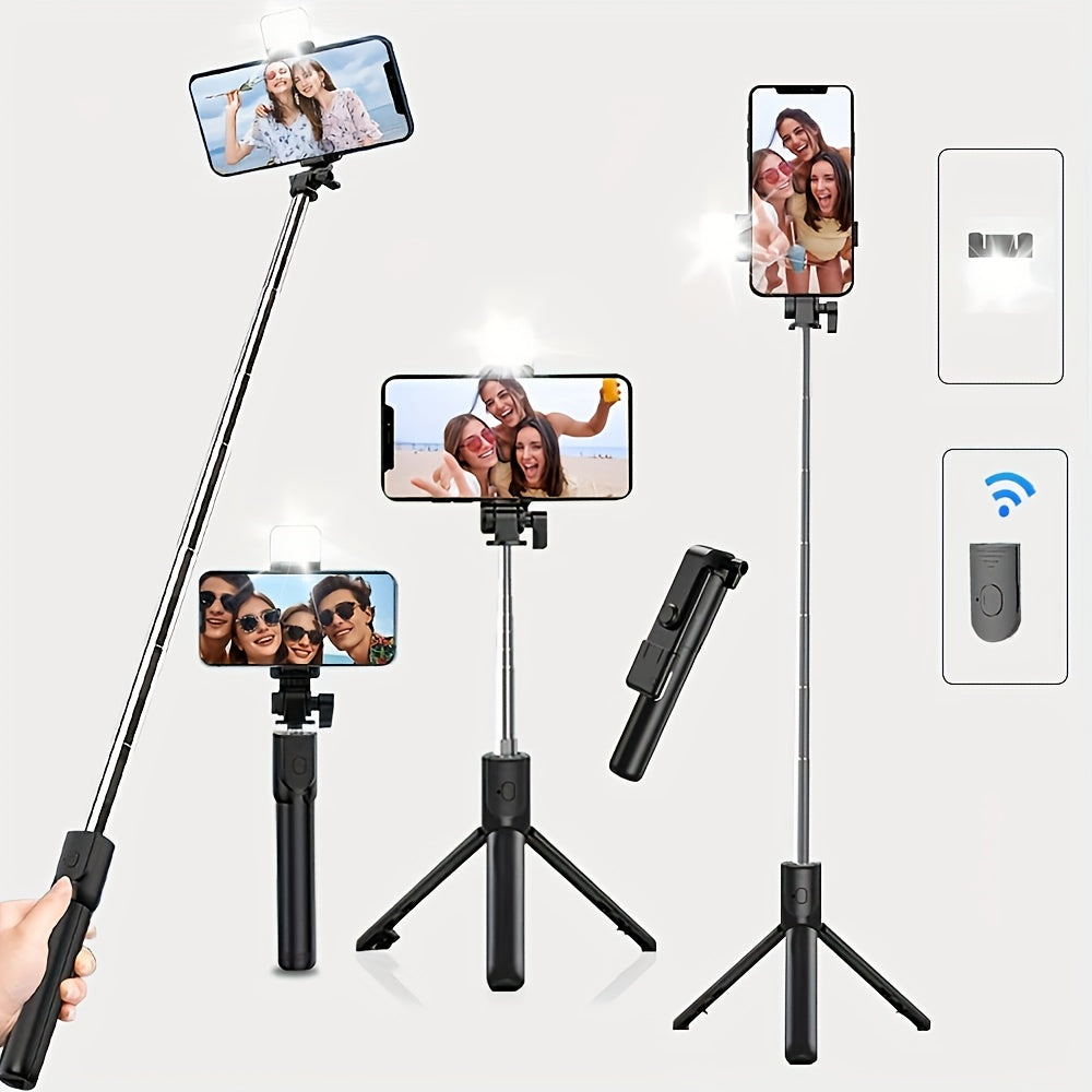 Sturdy and anti-shake selfie stick tripod, height adjustable, with fill light for beauty photography, mobile phone holder with wireless remote control - made of ABS material, small and portable