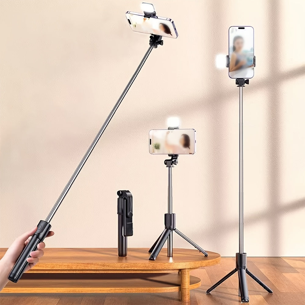 Sturdy and anti-shake selfie stick tripod, height adjustable, with fill light for beauty photography, mobile phone holder with wireless remote control - made of ABS material, small and portable