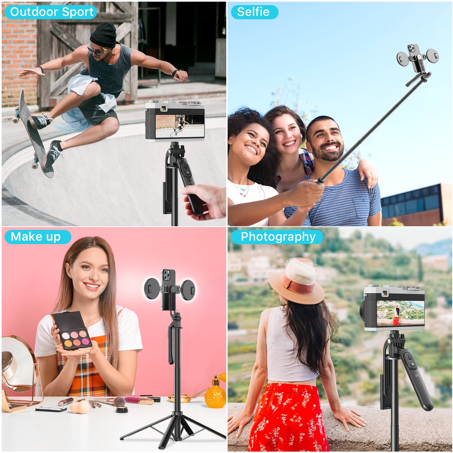 Selfie Stick LED Selfie Light with Stand, 8" LED Selfie Rectangular Light for Makeup / Live Stream, Dimmable LED Light with Tripod, Phone Holder & Wireless Remote Shutter