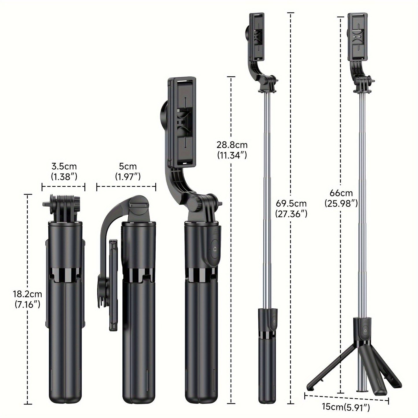 Stainless Steel Wireless Selfie Stick Tripod - Battery-Powered, 360° Rotation, Extendable Phone Stand
