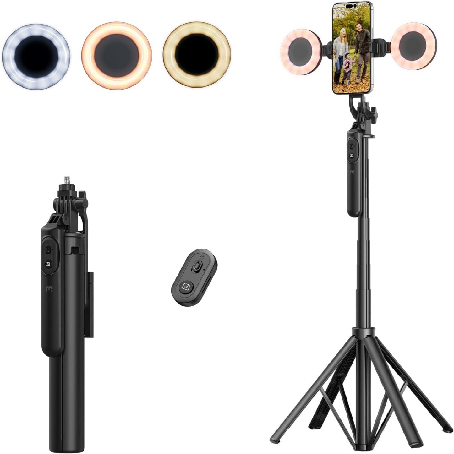 Selfie Stick LED Selfie Light with Stand, 8" LED Selfie Rectangular Light for Makeup / Live Stream, Dimmable LED Light with Tripod, Phone Holder & Wireless Remote Shutter