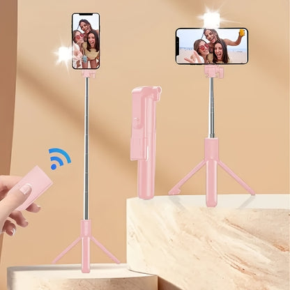 Sturdy and anti-shake selfie stick tripod, height adjustable, with fill light for beauty photography, mobile phone holder with wireless remote control - made of ABS material, small and portable
