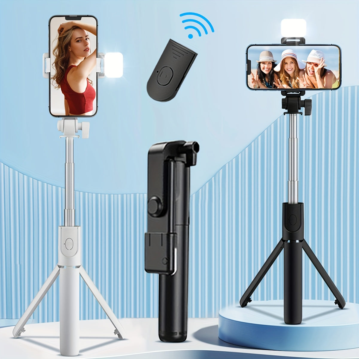 Selfie Stick with Wireless Remote Control Fill Light - Retractable 360° Rotating Tripod