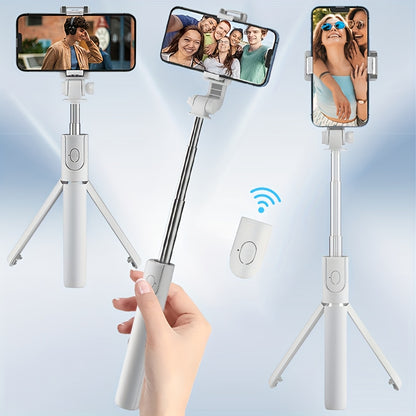 Extendable Selfie Stick with Wireless Remote, 360° Rotation, Multi-Functional Tripod Stand, Battery-Powered, Compatible with iPhone, Samsung, and Android Smartphones, Smartphone Tripod | Sleek White Tripod | Durable Plastic Construction