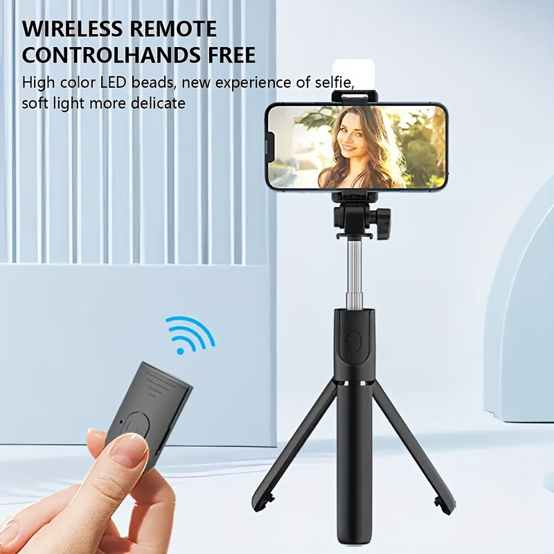 Sturdy and anti-shake selfie stick tripod, height adjustable, with fill light for beauty photography, mobile phone holder with wireless remote control - made of ABS material, small and portable