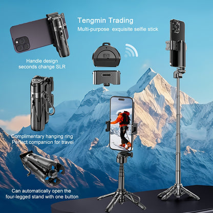 Aluminum Selfie Stick with Wireless Remote, USB Charging & Cold Shoe – 4-Leg Stand, DSLR Grip for Travel/Live
