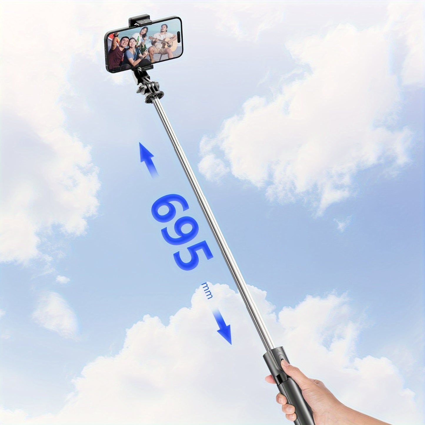 Stainless Steel Wireless Selfie Stick Tripod - Battery-Powered, 360° Rotation, Extendable Phone Stand