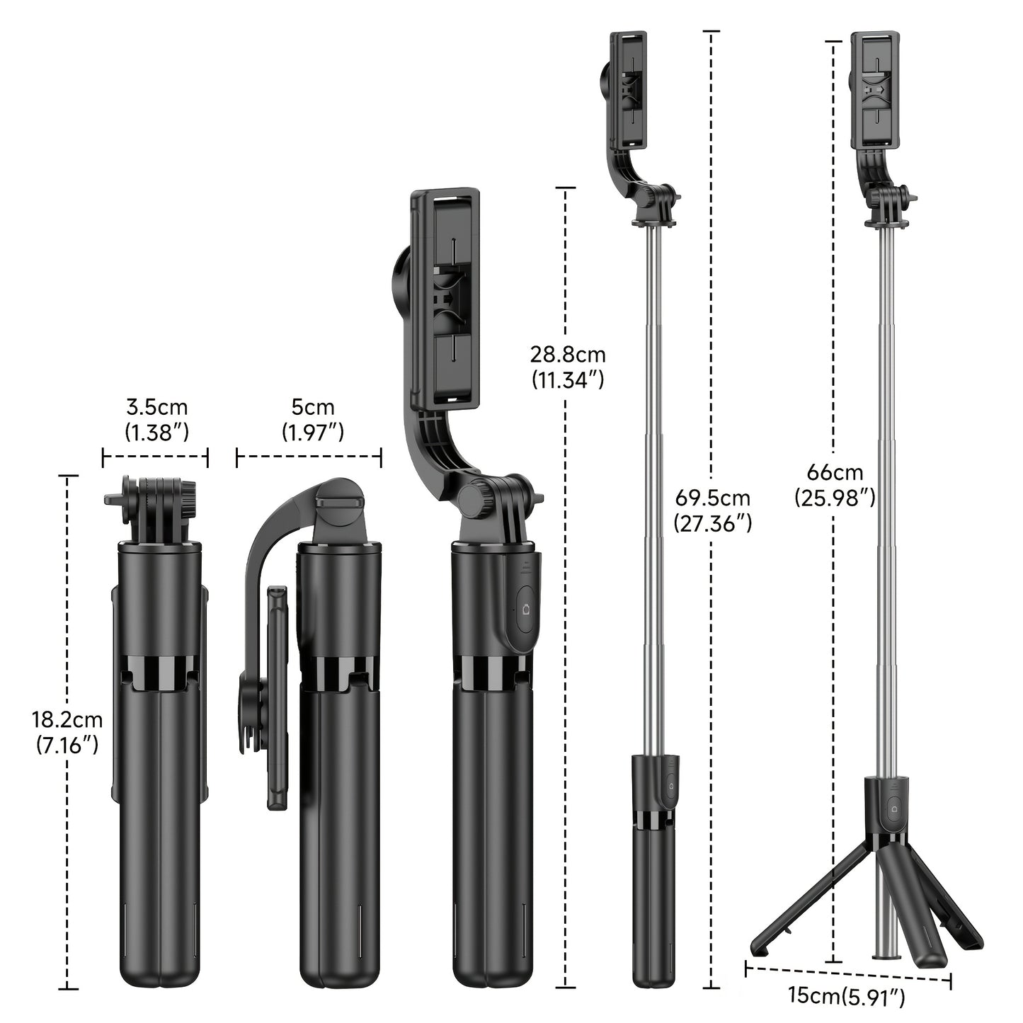 Portable Selfie Stick Tripod, 4in 1 Extendable Phone Tripod Stand with Detachable Wireless Remote & Phone Holder 360° Rotating Mini Travel Tripod