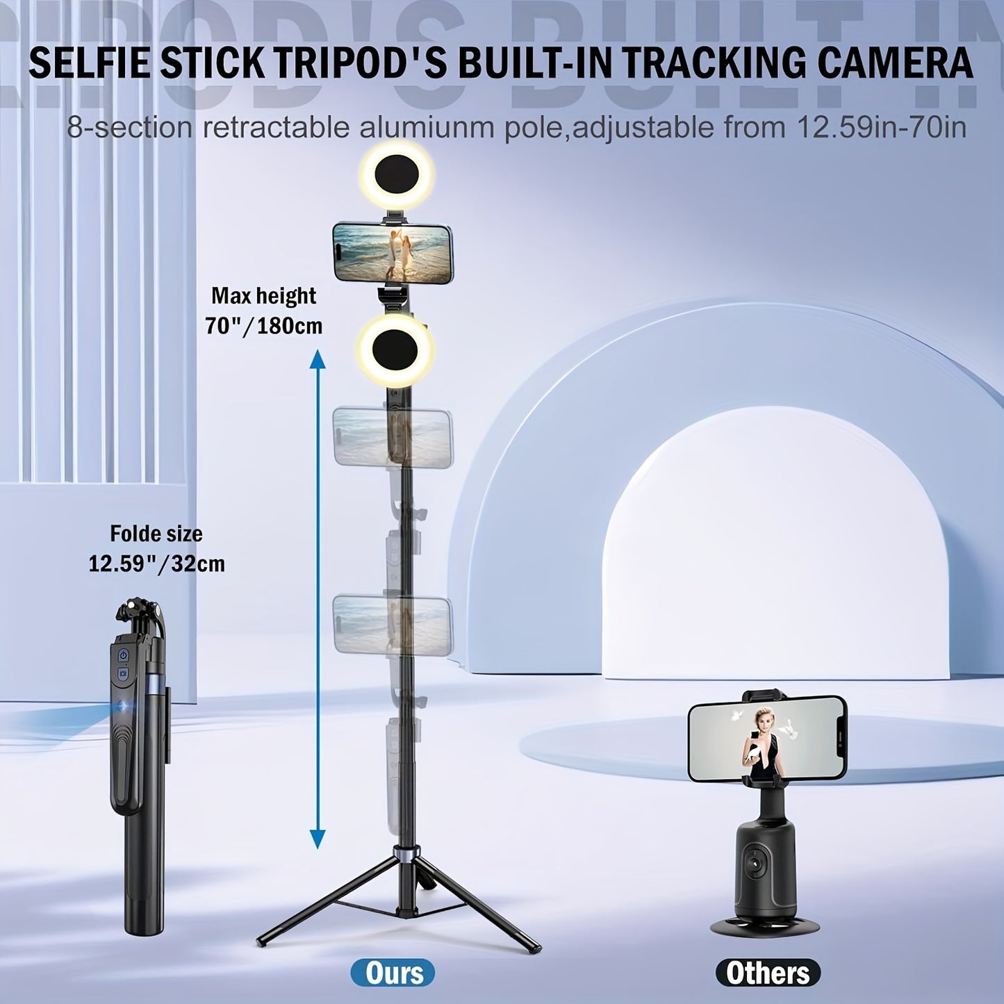 Auto Face Tracking Tripod For Phone, 360 Rotation Travel Selfie Stick Mount, Face Tracking Phone Tripod Holder With Remote And Light