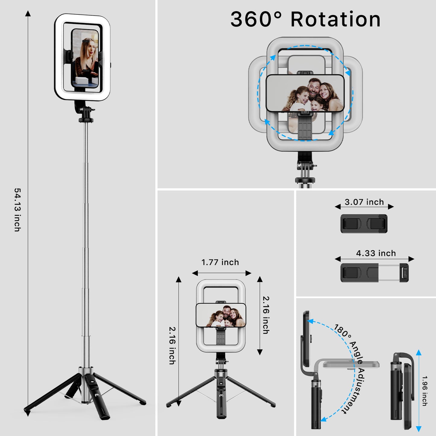 Selfie Stick LED Selfie Light with Stand, 8" LED Selfie Rectangular Light for Makeup / Live Stream, Dimmable LED Light with Tripod, Phone Holder & Wireless Remote Shutter