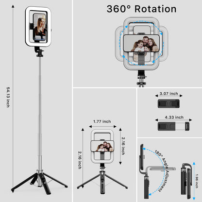 Selfie Stick LED Selfie Light with Stand, 8" LED Selfie Rectangular Light for Makeup / Live Stream, Dimmable LED Light with Tripod, Phone Holder & Wireless Remote Shutter