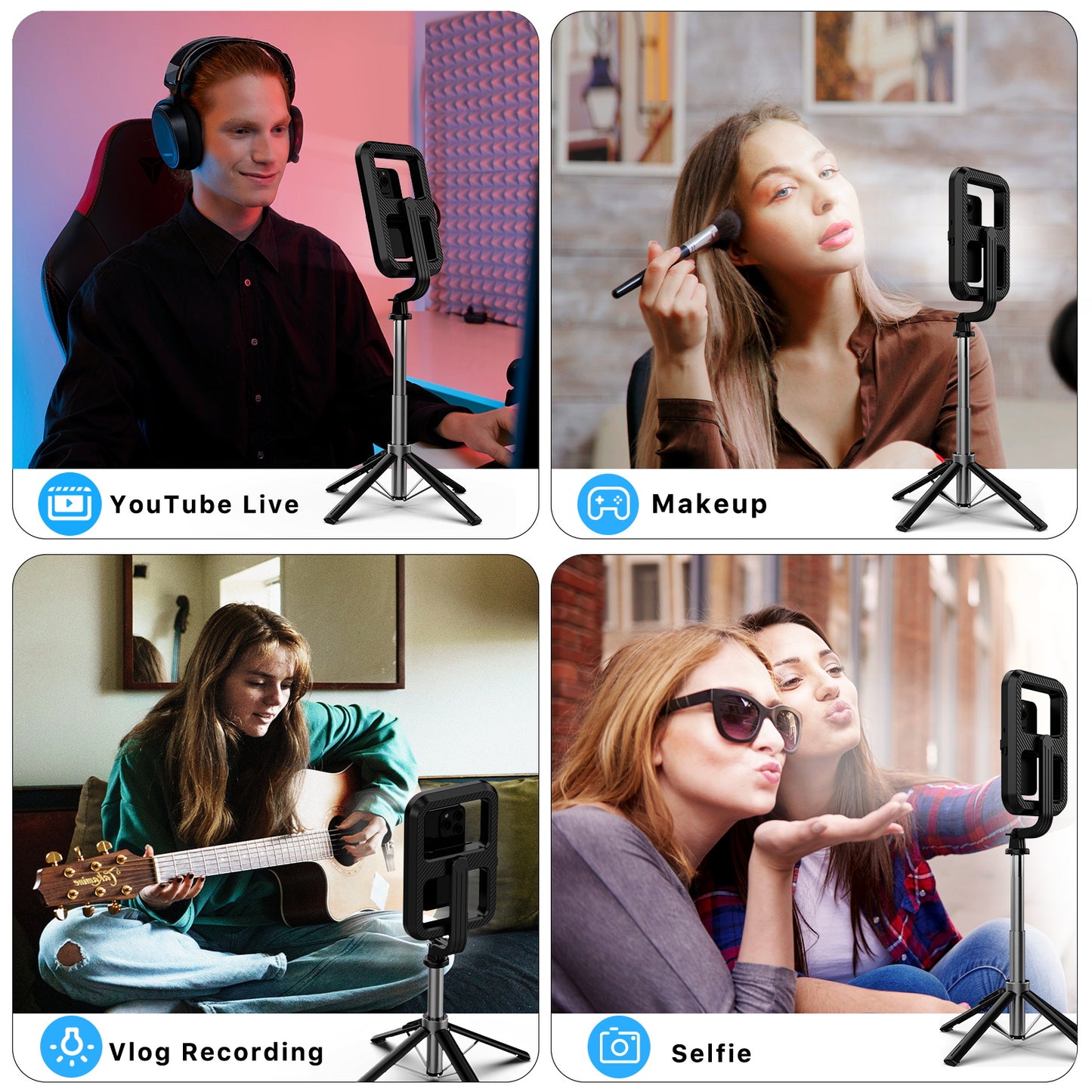Selfie Stick LED Selfie Light with Stand, 8" LED Selfie Rectangular Light for Makeup / Live Stream, Dimmable LED Light with Tripod, Phone Holder & Wireless Remote Shutter