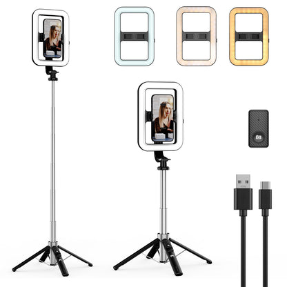 Selfie Stick LED Selfie Light with Stand, 8" LED Selfie Rectangular Light for Makeup / Live Stream, Dimmable LED Light with Tripod, Phone Holder & Wireless Remote Shutter