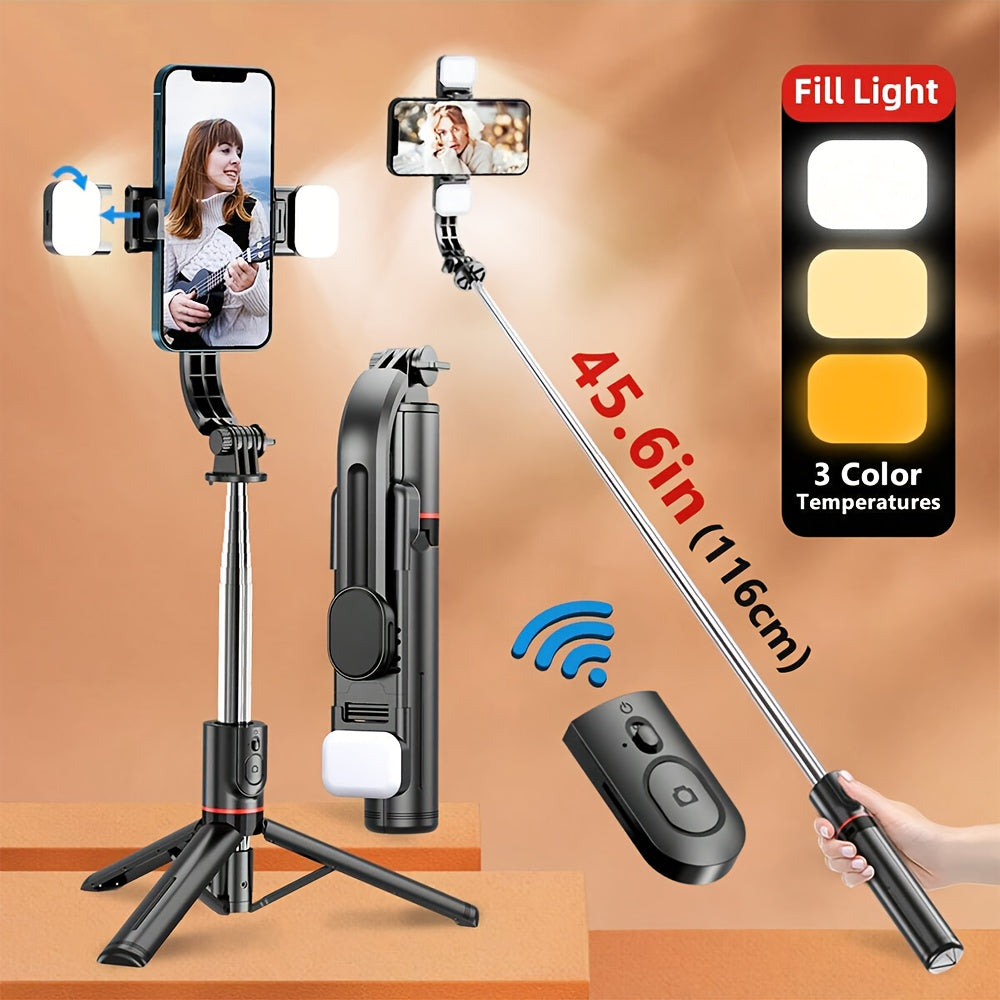 Universal Phone Selfie Stick Stand with Remote, 360° Pan-Tilt, Tripod, Fill Light, ABS Material, Battery Powered, with ≤36V Operating Voltage, for Live Streaming and Photography