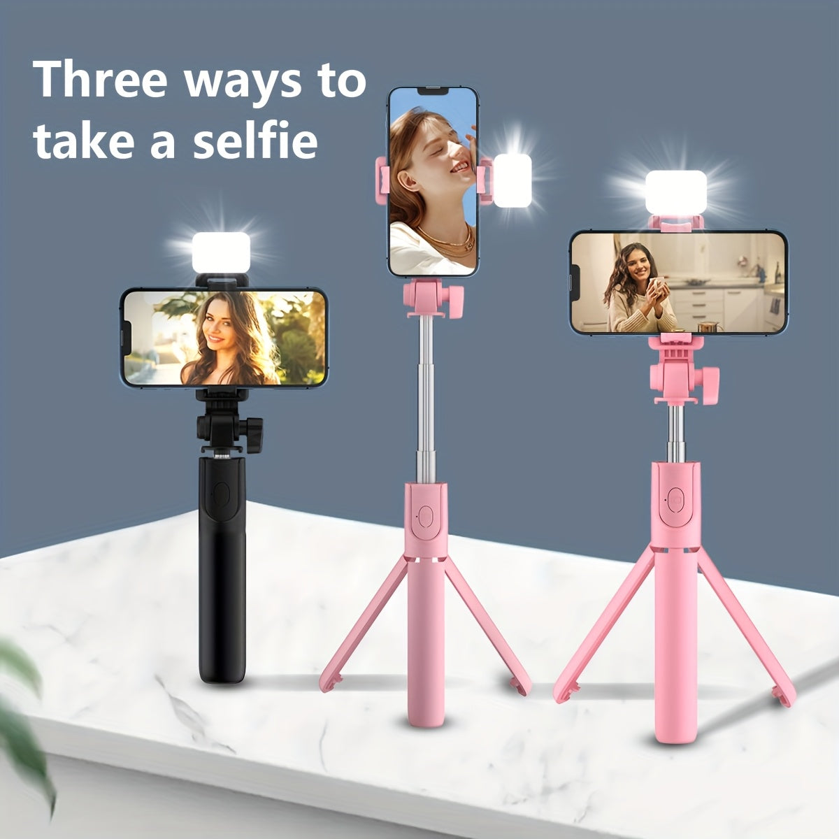 Selfie Stick with Wireless Remote Control Fill Light - Retractable 360° Rotating Tripod