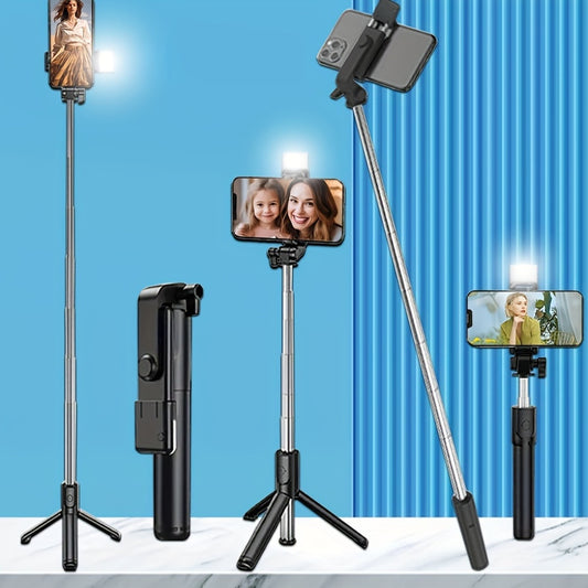 1pc Stainless Steel Selfie Stick Tripod with Wireless, LED Light, and Wireless Remote Control - Portable Multi-Functional Tripod for Video Live Streaming, Photography, and Travel - Non-Rechargeable Button Battery Powered