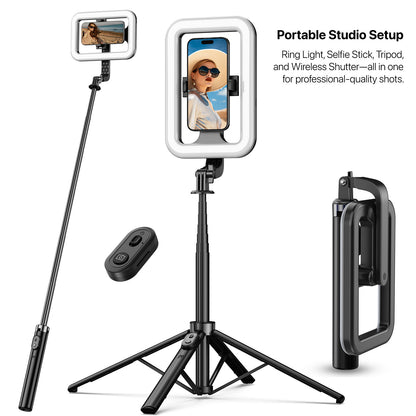 Selfie Stick LED Selfie Light with Stand, 8" LED Selfie Rectangular Light for Makeup / Live Stream, Dimmable LED Light with Tripod, Phone Holder & Wireless Remote Shutter
