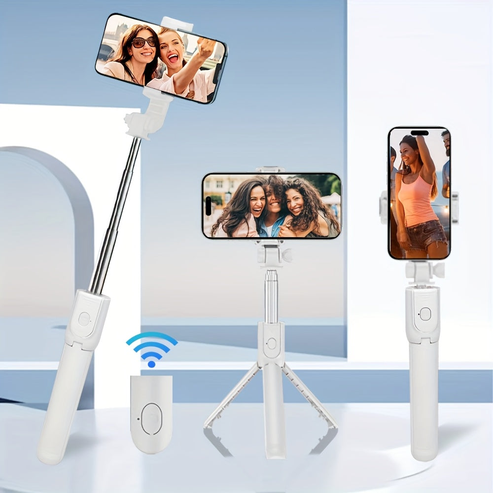 Extendable Selfie Stick with Wireless Remote, 360° Rotation, Multi-Functional Tripod Stand, Battery-Powered, Compatible with iPhone, Samsung, and Android Smartphones, Smartphone Tripod | Sleek White Tripod | Durable Plastic Construction