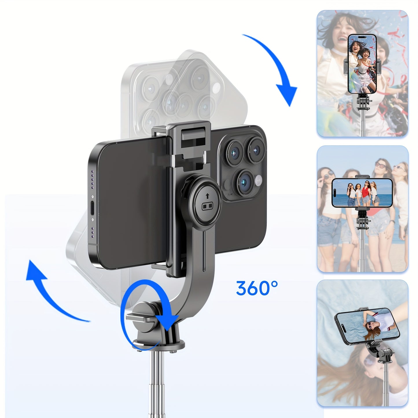 Stainless Steel Wireless Selfie Stick Tripod - Battery-Powered, 360° Rotation, Extendable Phone Stand