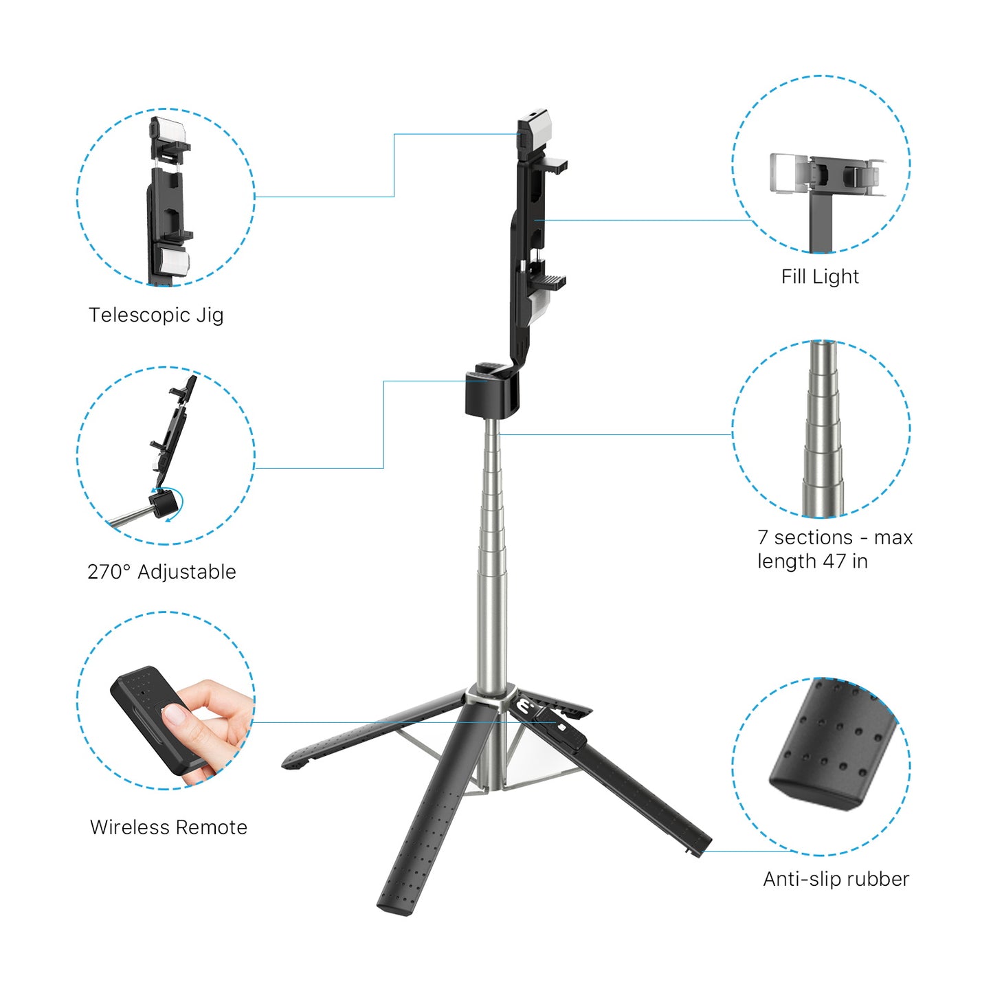 Selfie Stick LED Selfie Light with Stand, 8" LED Selfie Rectangular Light for Makeup / Live Stream, Dimmable LED Light with Tripod, Phone Holder & Wireless Remote Shutter