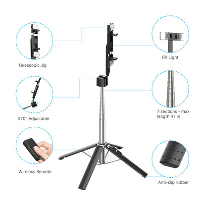 Selfie Stick LED Selfie Light with Stand, 8" LED Selfie Rectangular Light for Makeup / Live Stream, Dimmable LED Light with Tripod, Phone Holder & Wireless Remote Shutter