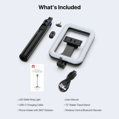 Selfie Stick LED Selfie Light with Stand, 8" LED Selfie Rectangular Light for Makeup / Live Stream, Dimmable LED Light with Tripod, Phone Holder & Wireless Remote Shutter