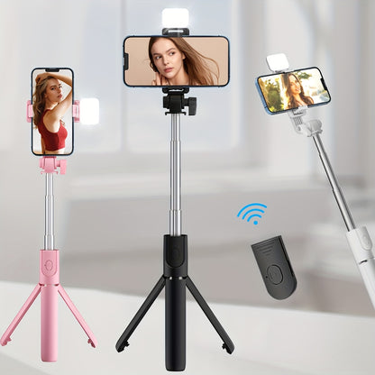 Selfie Stick with Wireless Remote Control Fill Light - Retractable 360° Rotating Tripod