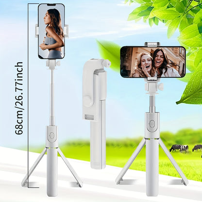 Extendable Selfie Stick with Wireless Remote, 360° Rotation, Multi-Functional Tripod Stand, Battery-Powered, Compatible with iPhone, Samsung, and Android Smartphones, Smartphone Tripod | Sleek White Tripod | Durable Plastic Construction
