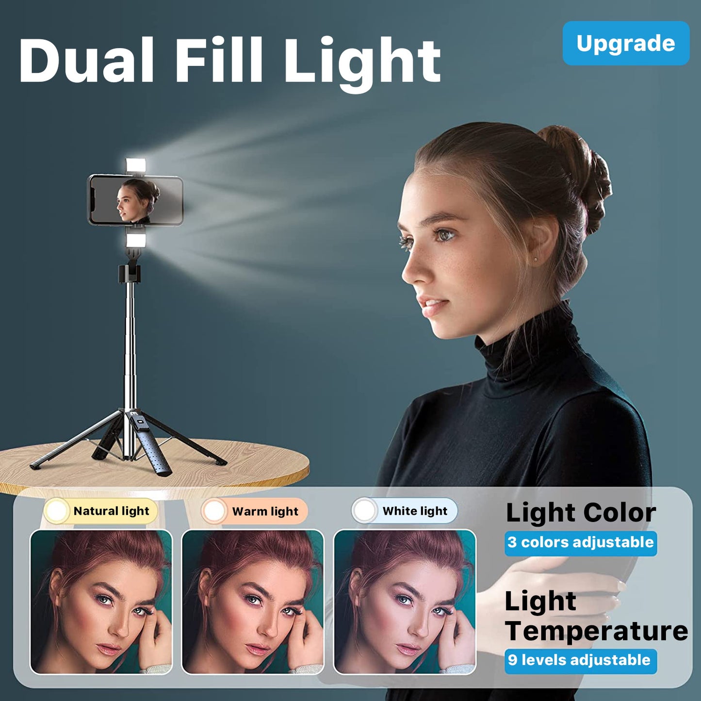 Selfie Stick LED Selfie Light with Stand, 8" LED Selfie Rectangular Light for Makeup / Live Stream, Dimmable LED Light with Tripod, Phone Holder & Wireless Remote Shutter