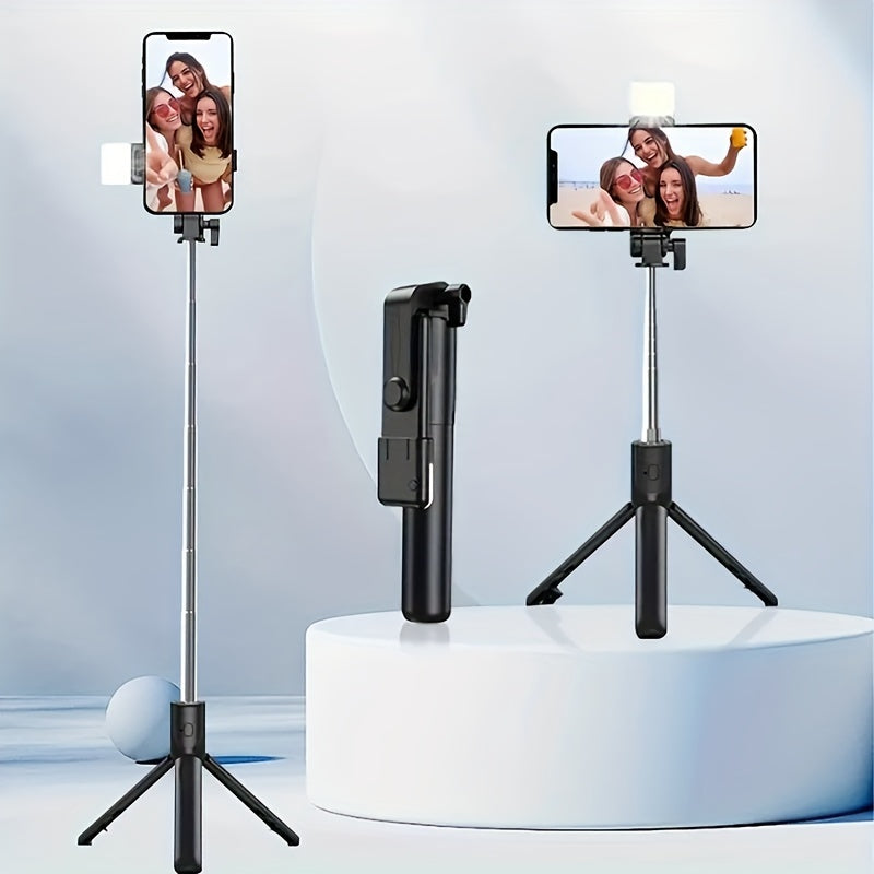 Sturdy and anti-shake selfie stick tripod, height adjustable, with fill light for beauty photography, mobile phone holder with wireless remote control - made of ABS material, small and portable