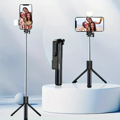 Sturdy and anti-shake selfie stick tripod, height adjustable, with fill light for beauty photography, mobile phone holder with wireless remote control - made of ABS material, small and portable