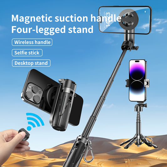 Upgraded 2-in-1 Magnetic Selfie Stick & Phone Tripod with Wireless Remote, Detachable Wireless Handle, USB Rechargeable, Cold Shoe Mount for Microphone & Fill Light, Strong Magnetic Suction, Portable & Retractable Design, Travel Photography Gear