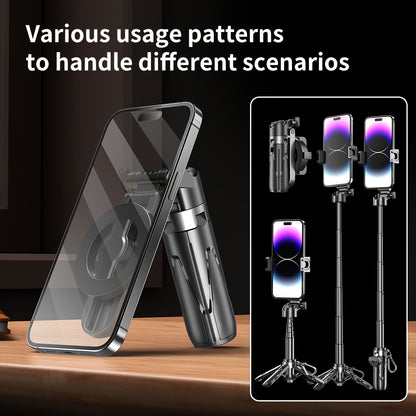 Upgraded 2-in-1 Magnetic Selfie Stick & Phone Tripod with Wireless Remote, Detachable Wireless Handle, USB Rechargeable, Cold Shoe Mount for Microphone & Fill Light, Strong Magnetic Suction, Portable & Retractable Design, Travel Photography Gear
