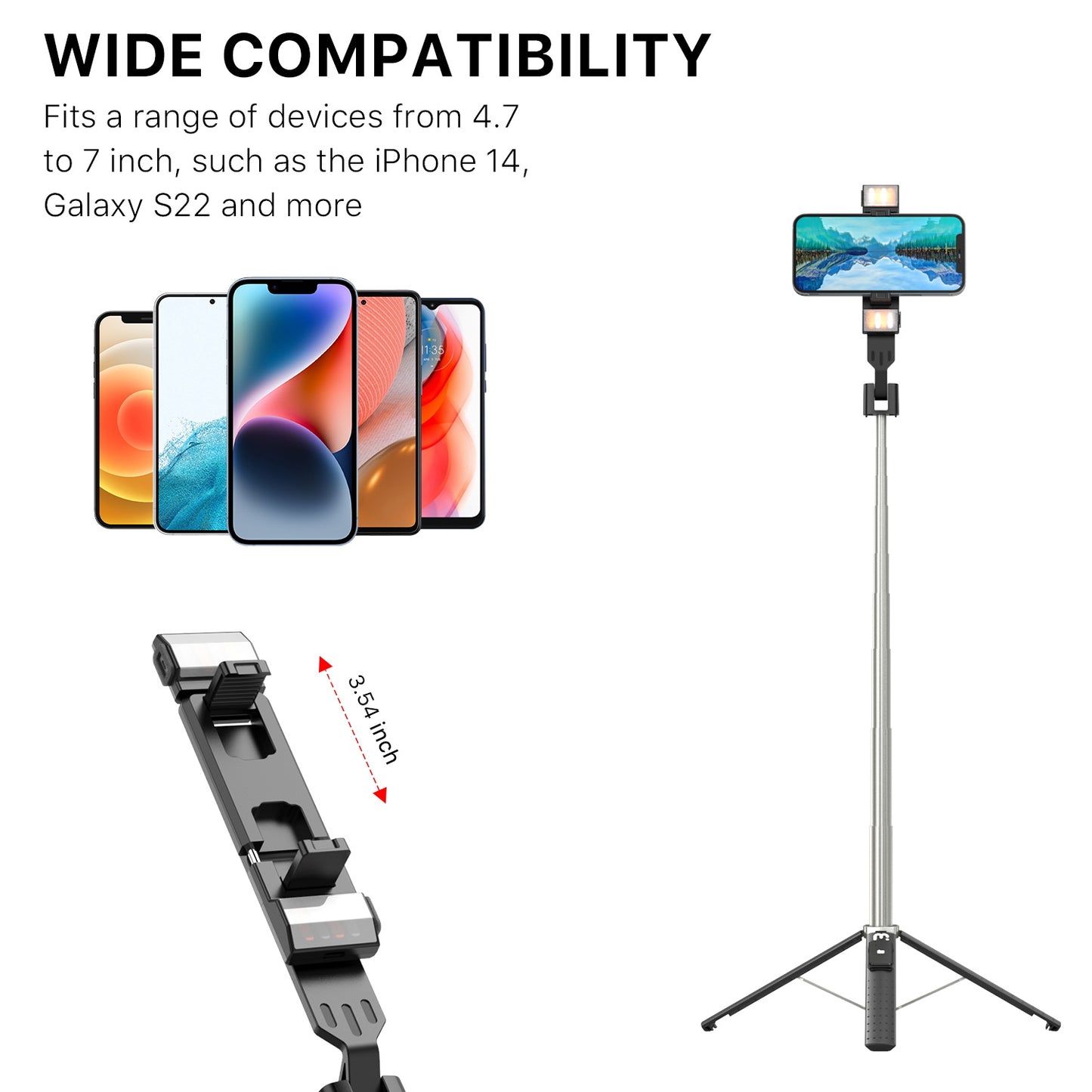 Selfie Stick LED Selfie Light with Stand, 8" LED Selfie Rectangular Light for Makeup / Live Stream, Dimmable LED Light with Tripod, Phone Holder & Wireless Remote Shutter