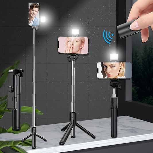 Sturdy and anti-shake selfie stick tripod, height adjustable, with fill light for beauty photography, mobile phone holder with wireless remote control - made of ABS material, small and portable