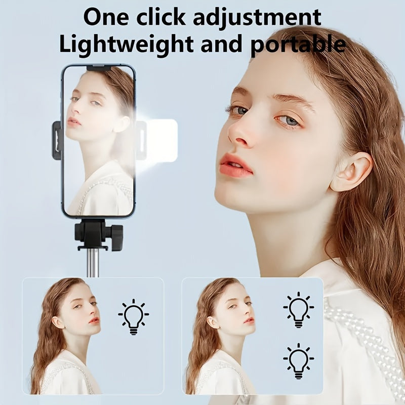 Sturdy and anti-shake selfie stick tripod, height adjustable, with fill light for beauty photography, mobile phone holder with wireless remote control - made of ABS material, small and portable