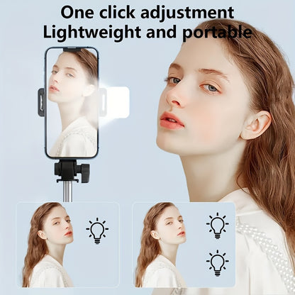 Sturdy and anti-shake selfie stick tripod, height adjustable, with fill light for beauty photography, mobile phone holder with wireless remote control - made of ABS material, small and portable