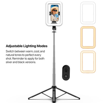 Selfie Stick LED Selfie Light with Stand, 8" LED Selfie Rectangular Light for Makeup / Live Stream, Dimmable LED Light with Tripod, Phone Holder & Wireless Remote Shutter