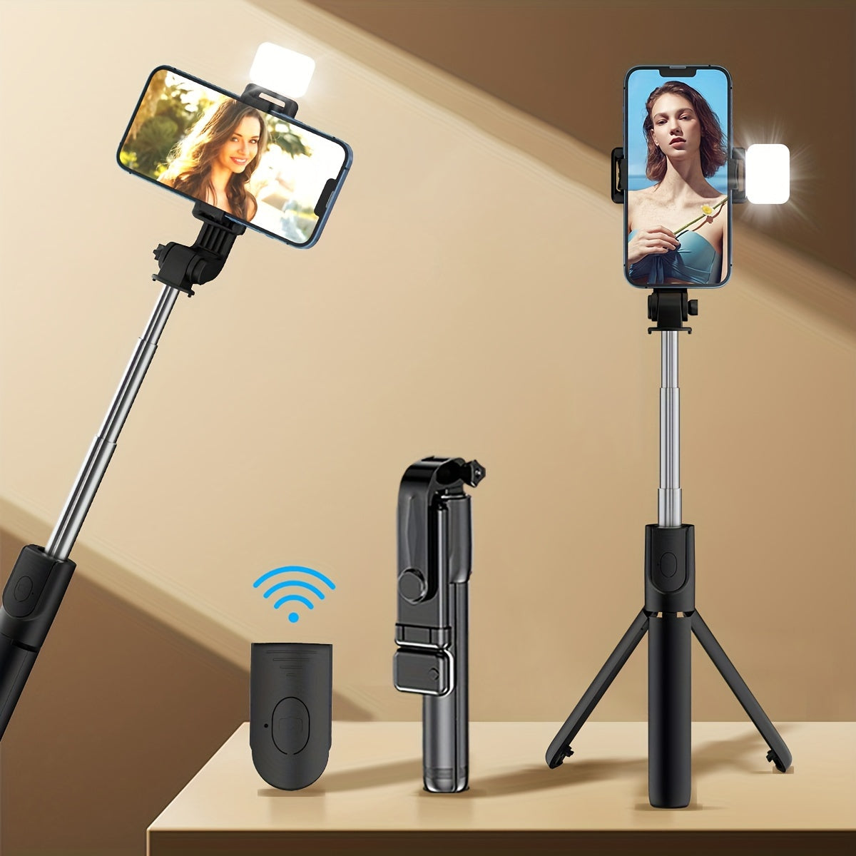 360° Rotating Phone Tripod with Fill Light - Selfie Stick & Live Streaming Stand