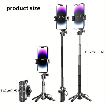 Upgraded 2-in-1 Magnetic Selfie Stick & Phone Tripod with Wireless Remote, Detachable Wireless Handle, USB Rechargeable, Cold Shoe Mount for Microphone & Fill Light, Strong Magnetic Suction, Portable & Retractable Design, Travel Photography Gear