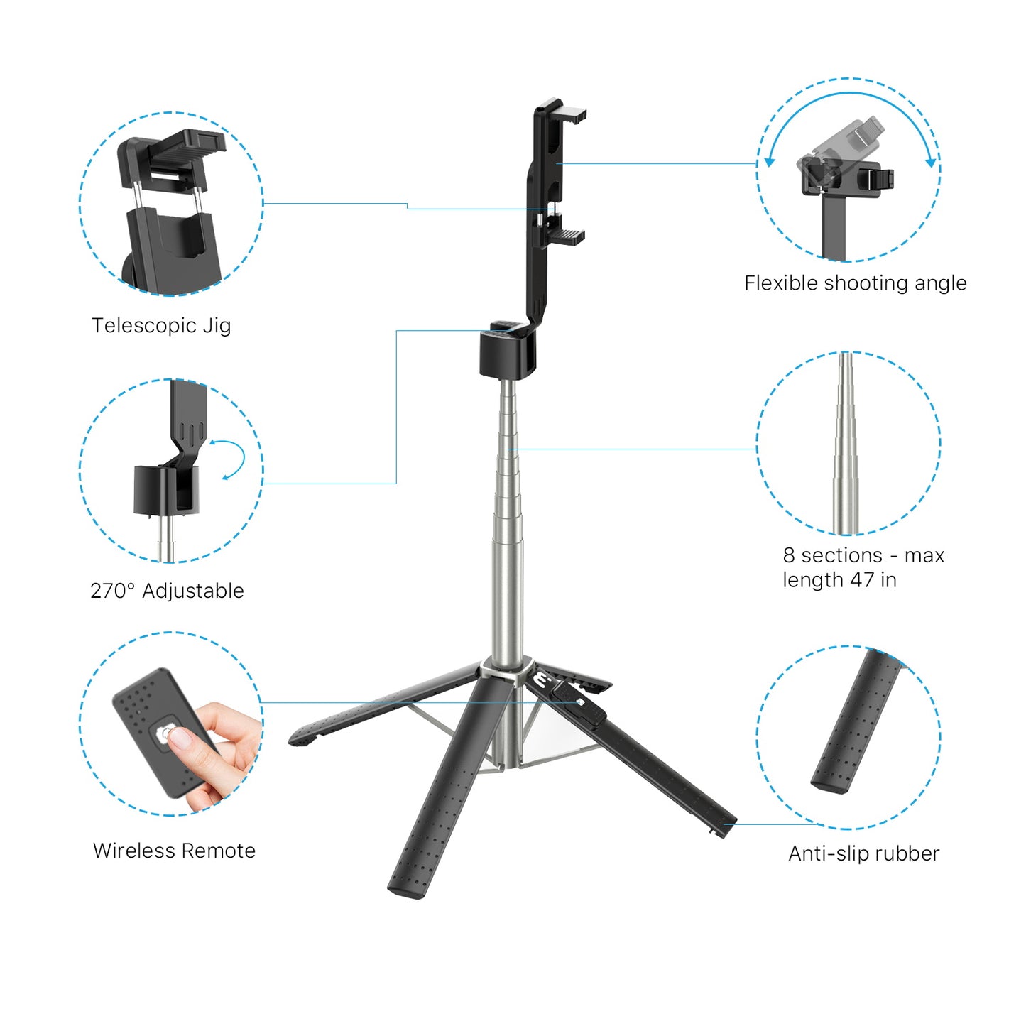 Selfie Stick LED Selfie Light with Stand, 8" LED Selfie Rectangular Light for Makeup / Live Stream, Dimmable LED Light with Tripod, Phone Holder & Wireless Remote Shutter