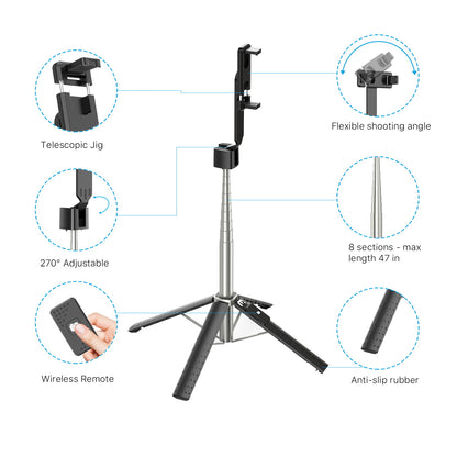 Selfie Stick LED Selfie Light with Stand, 8" LED Selfie Rectangular Light for Makeup / Live Stream, Dimmable LED Light with Tripod, Phone Holder & Wireless Remote Shutter