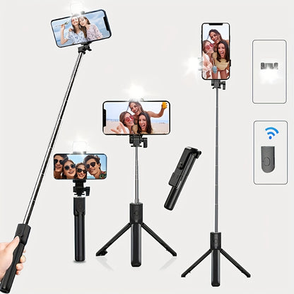 Sturdy and anti-shake selfie stick tripod, height adjustable, with fill light for beauty photography, mobile phone holder with wireless remote control - made of ABS material, small and portable